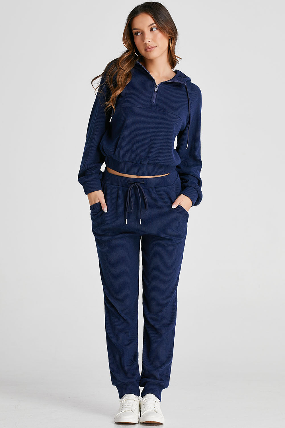 Ribbed Knit Cropped Hoodie and Joggers Set