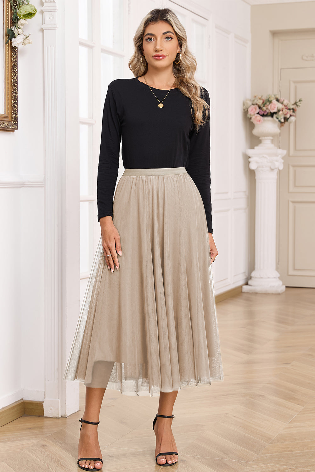Tulle Overlay Flared Midi Skirt