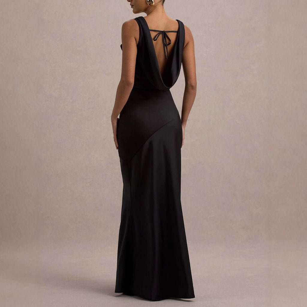 Satin Cowl-Neck Open-Back Fishtail Gown