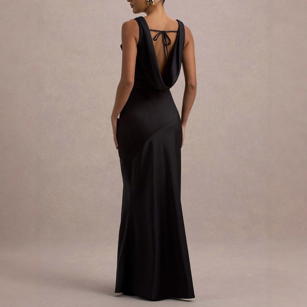 Satin Cowl-Neck Open-Back Fishtail Gown