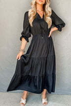 Black Ruffle Sleeve V Neck Tiered Maxi Dress
