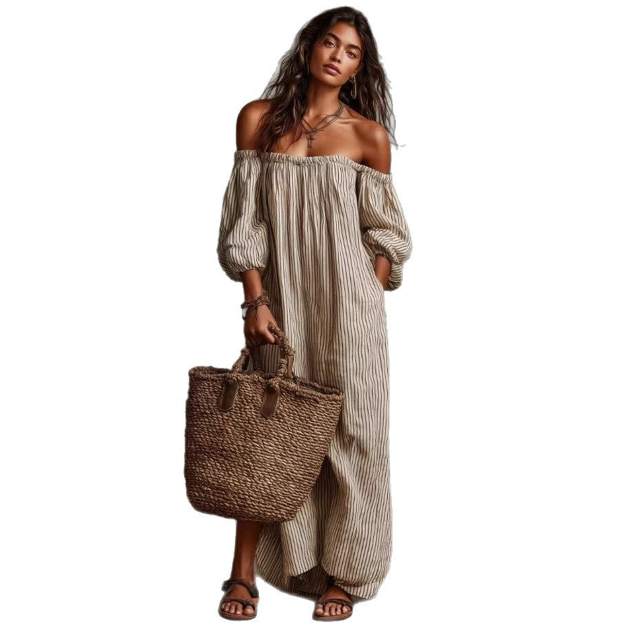 Woman wearing the Modarine striped off-shoulder puff-sleeve maxi dress