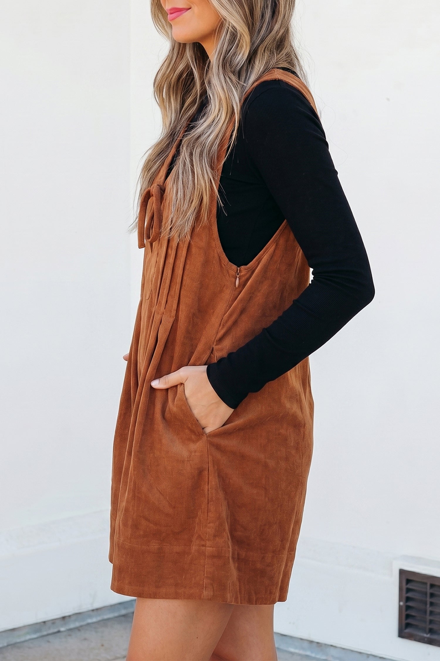 Tie V-Neck Sleeveless Corduroy Romper