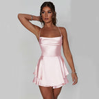 Cowl-Neck Lace-Up Back Satin Ruffle Mini Dress