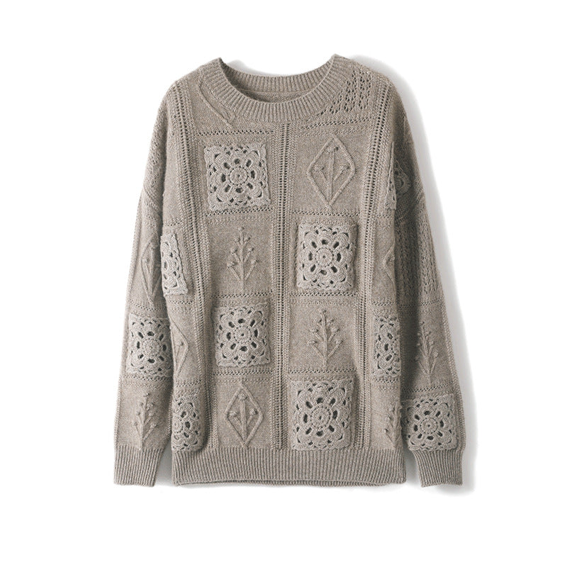 Crochet Hollow-Out Wool Crew-Neck Sweater
