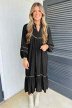 Leopard-Trim Split-Neck Long-Sleeve Midi Dress