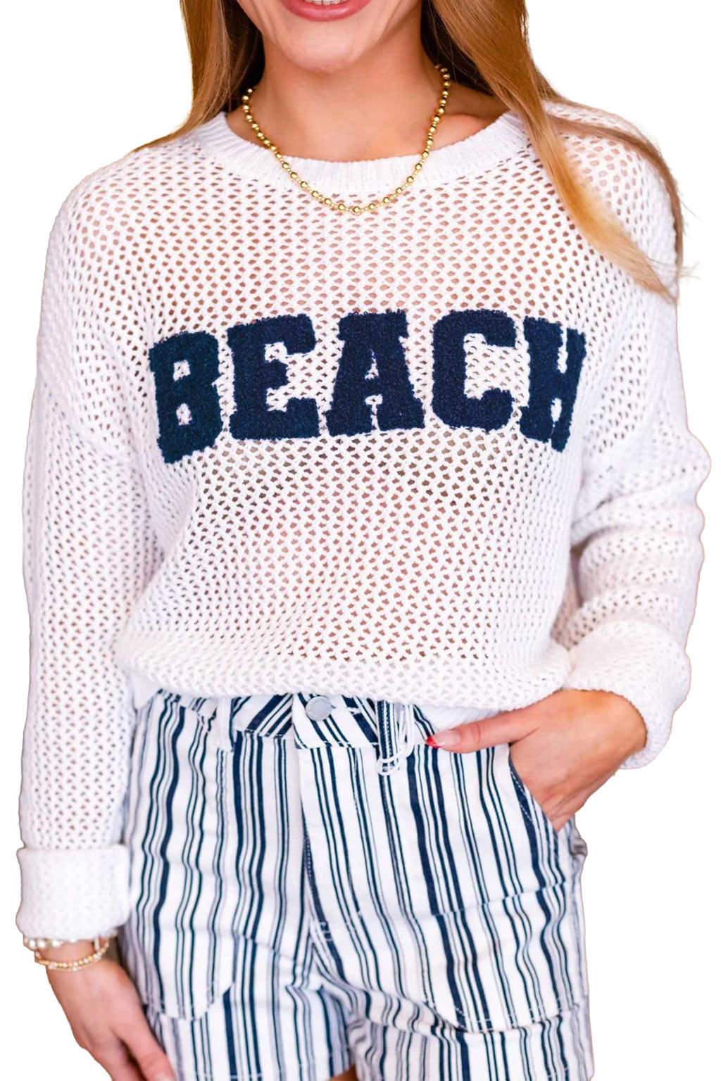 Chenille BEACH Lettering Cut-Out Knit Sweater