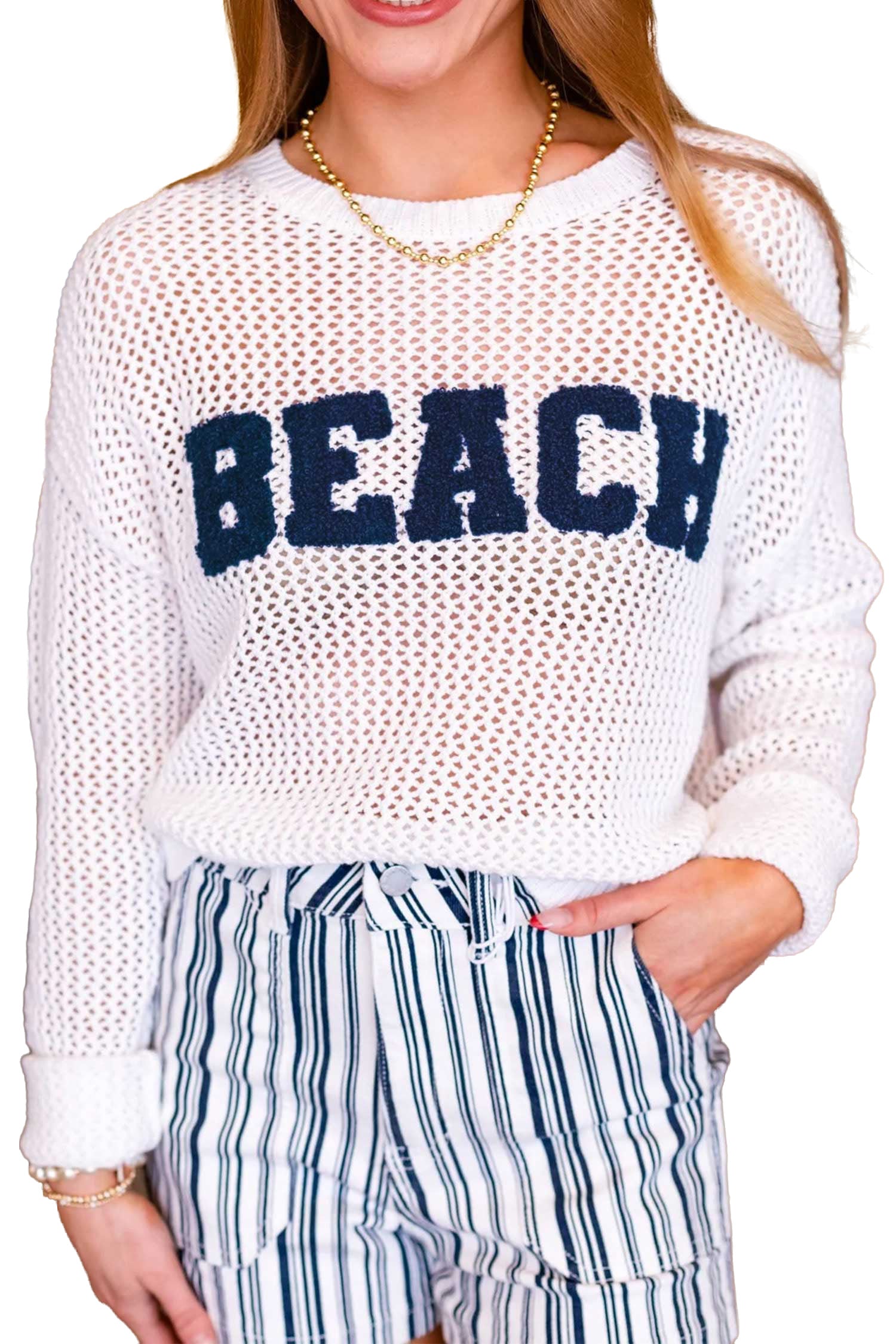 Chenille BEACH Lettering Cut-Out Knit Sweater