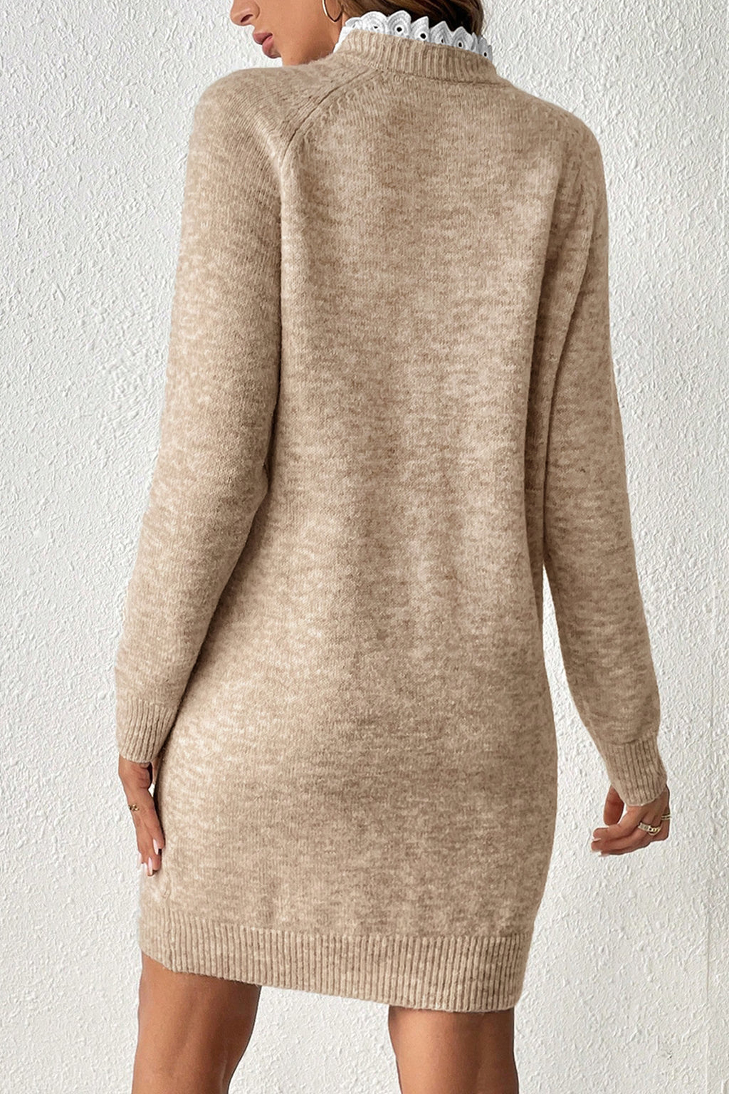 Beige Button and Lace Detail Raglan Sleeve Mini Sweater Dress