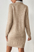 Beige Button and Lace Detail Raglan Sleeve Mini Sweater Dress
