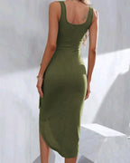 V-Neck Bandage Midi Dress with Asymmetric Hem