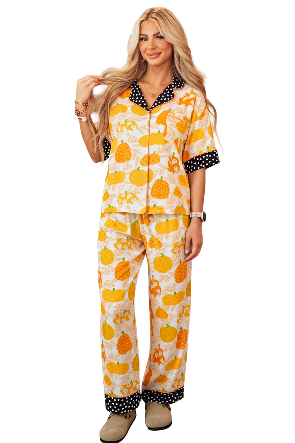 Pumpkin Print Short-Sleeve Lounge Set