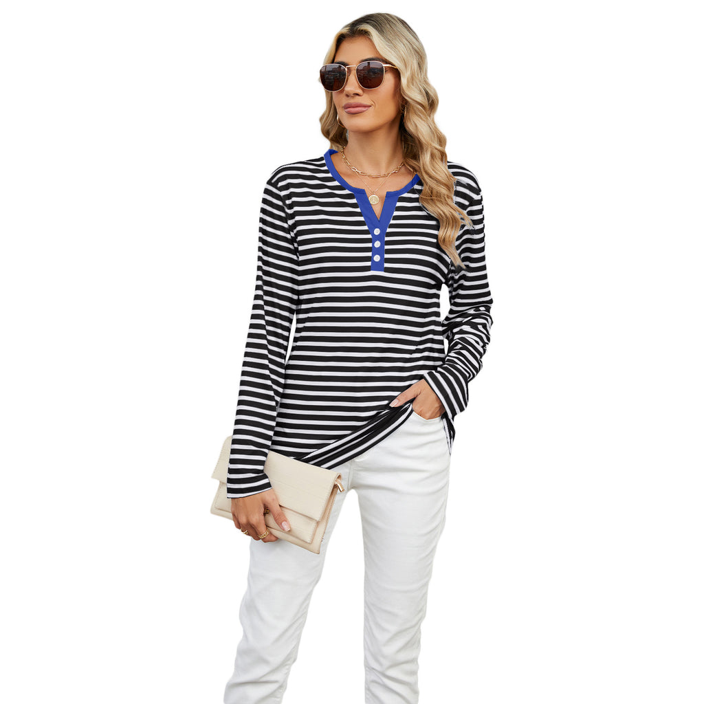 Contrast-Placket Striped Long-Sleeve Henley Top