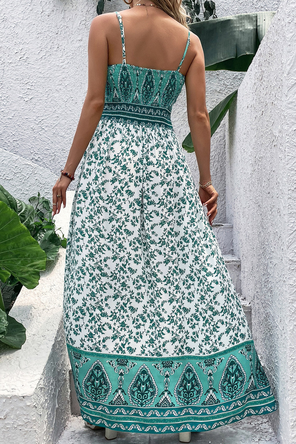 Green Floral Shirred Cami Maxi Dress