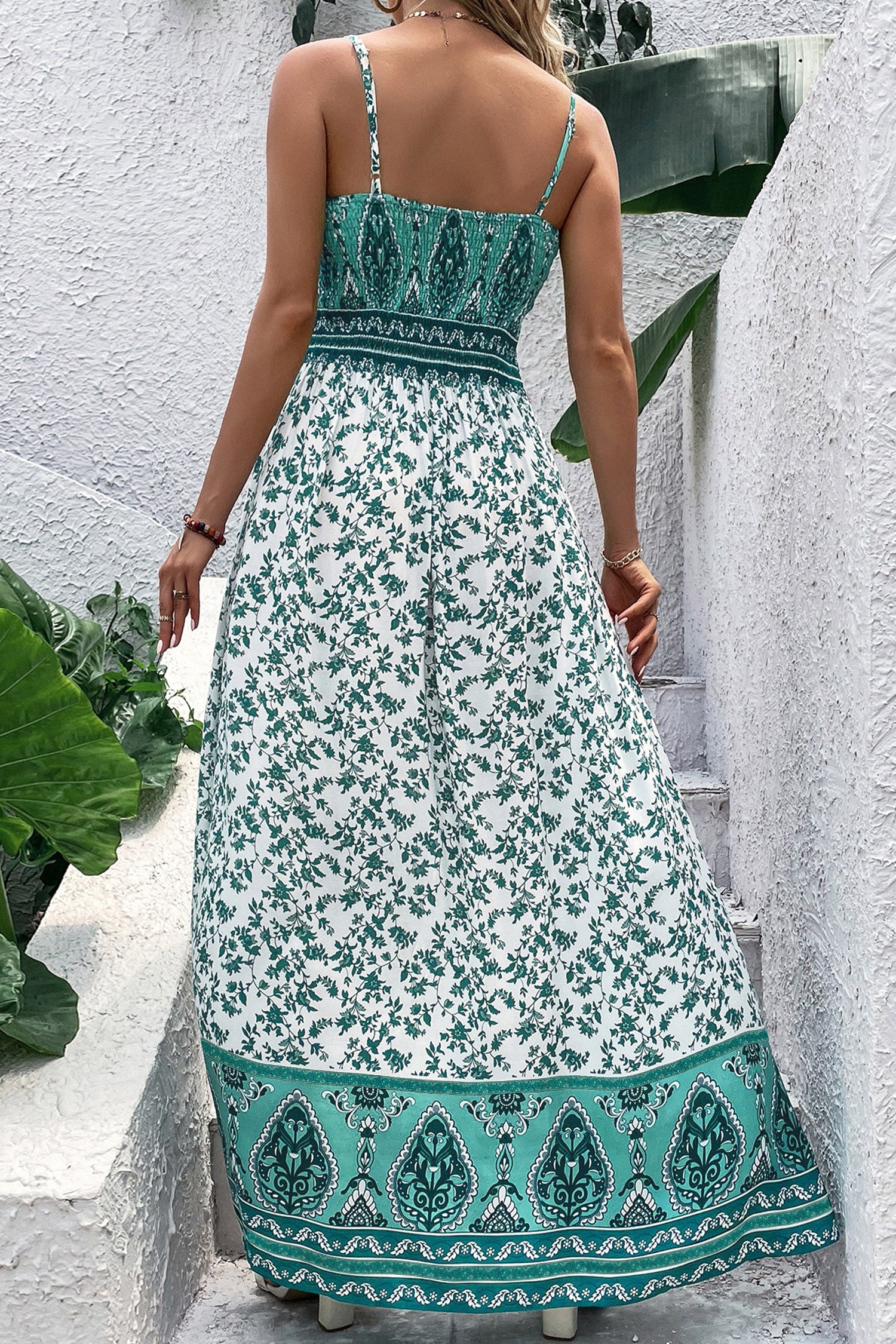 Green Floral Shirred Cami Maxi Dress