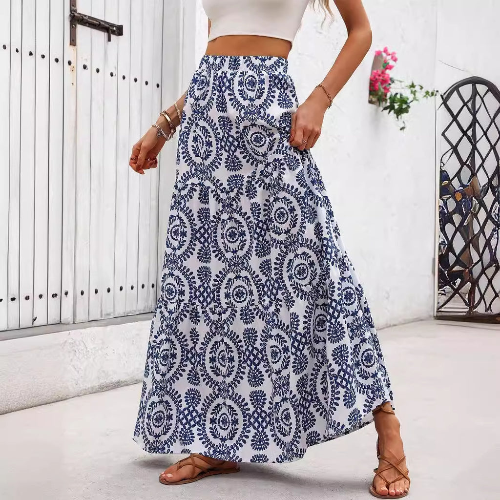 Blue Porcelain Print A-Line Maxi Skirt