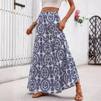 Blue Porcelain Print A-Line Maxi Skirt