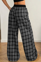 Plaid Contrast Drawstring Wide-Leg Pants