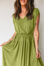 V-Neck Cap Sleeve Elastic Waist Maxi Dress