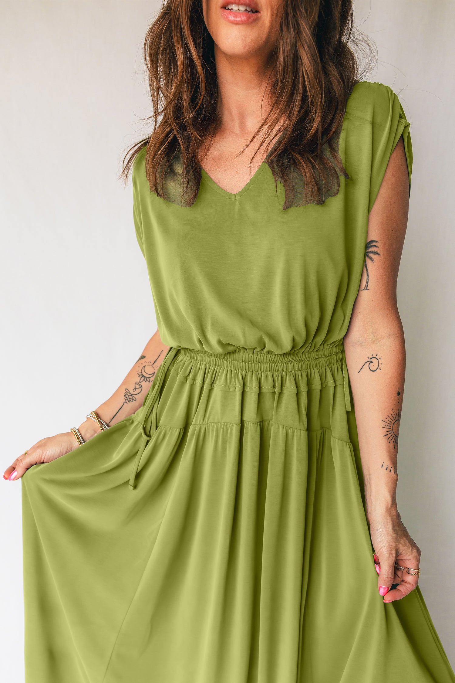 V-Neck Cap Sleeve Elastic Waist Maxi Dress