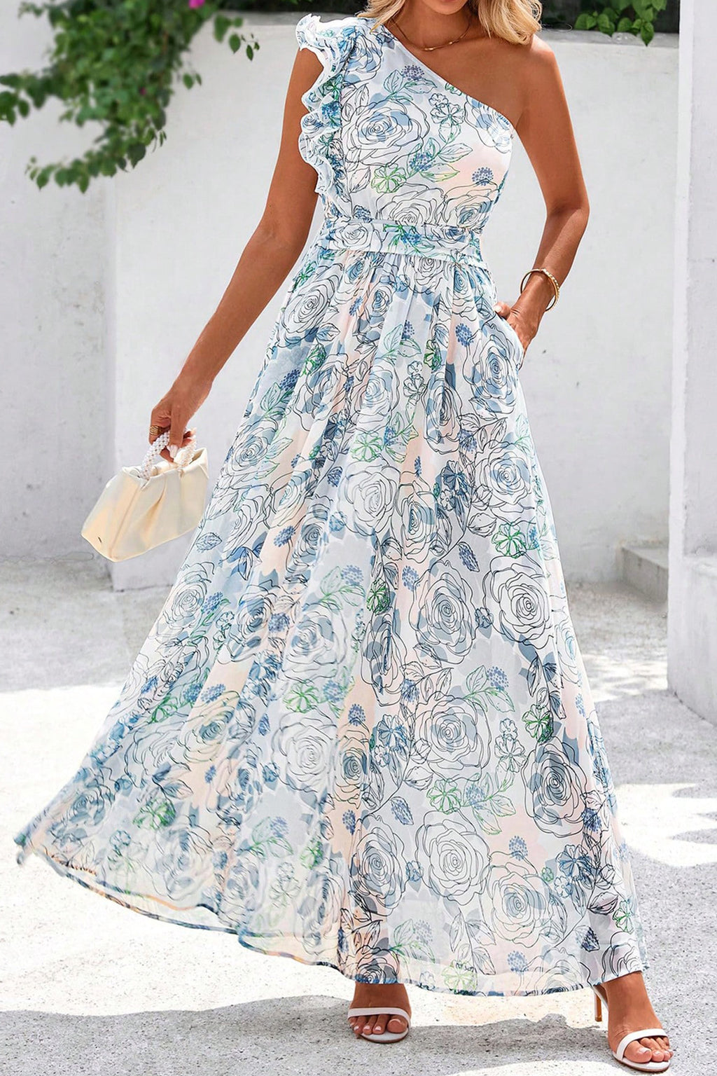 Blue Floral One Shoulder Ruffle Maxi Dress
