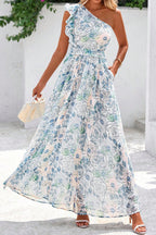 Blue Floral One Shoulder Ruffle Maxi Dress