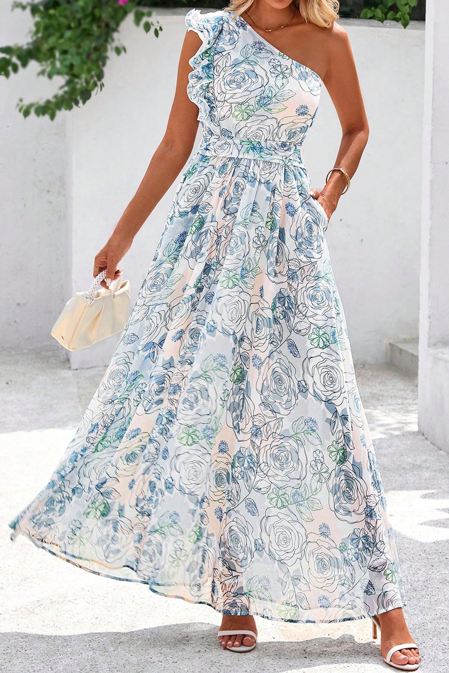 Blue Floral One Shoulder Ruffle Maxi Dress