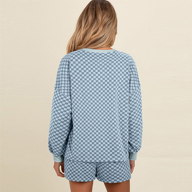 Plaid Long-Sleeve Top and Shorts Two-Piece Set