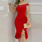 Off-Shoulder Ruffled Sheath Midi Dress