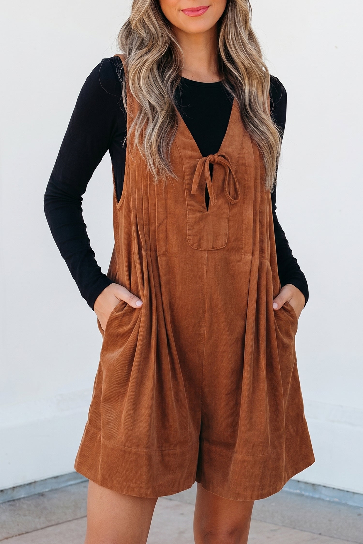Tie V-Neck Sleeveless Corduroy Romper