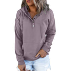 Button-Placket Drawstring Hooded Sweatshirt