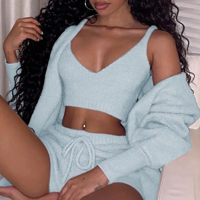 Fluffy Knit Shorts 3-Piece Pajama Set