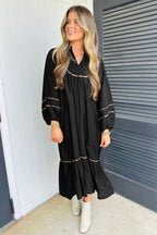 Leopard-Trim Split-Neck Long-Sleeve Midi Dress