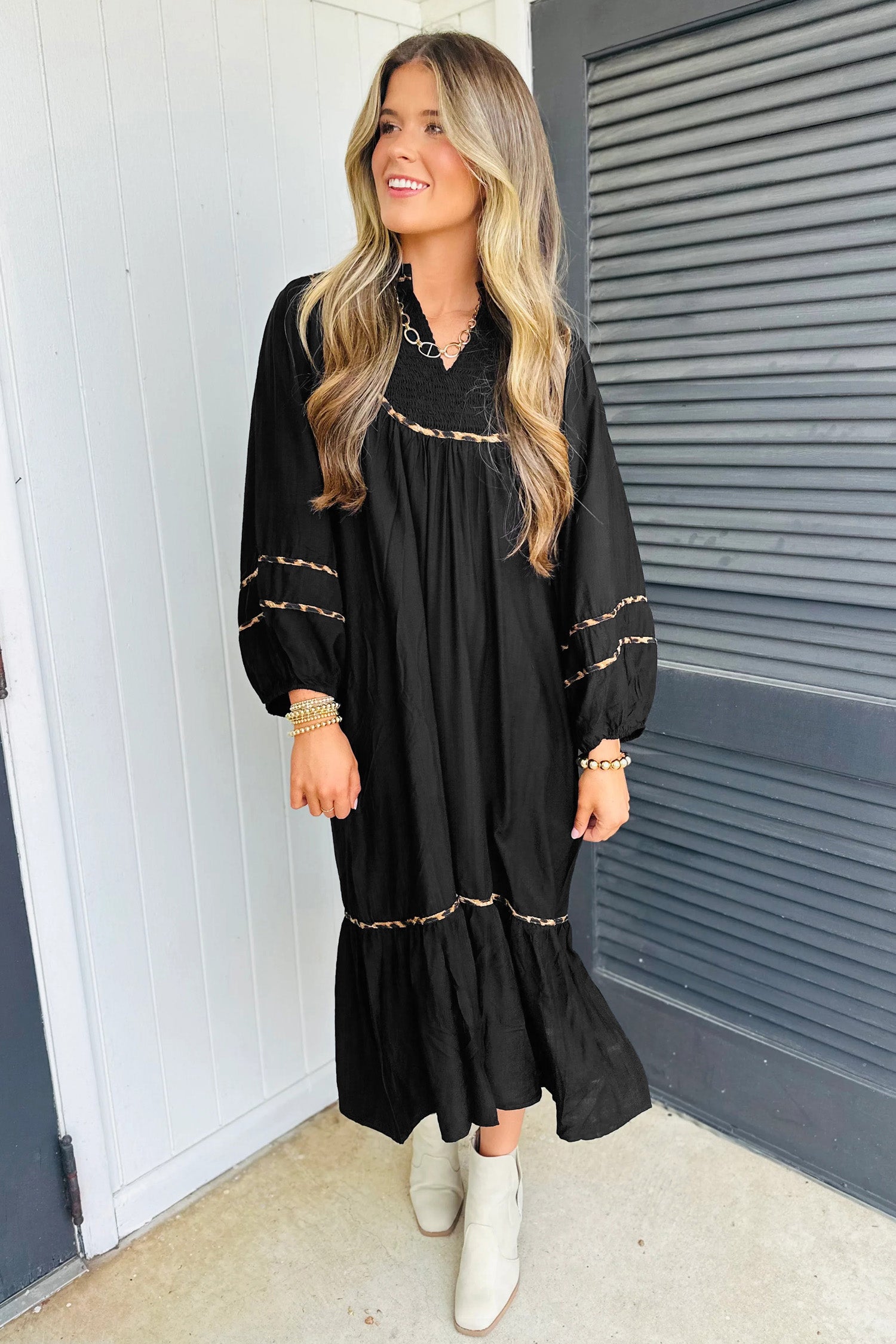 Leopard-Trim Split-Neck Long-Sleeve Midi Dress