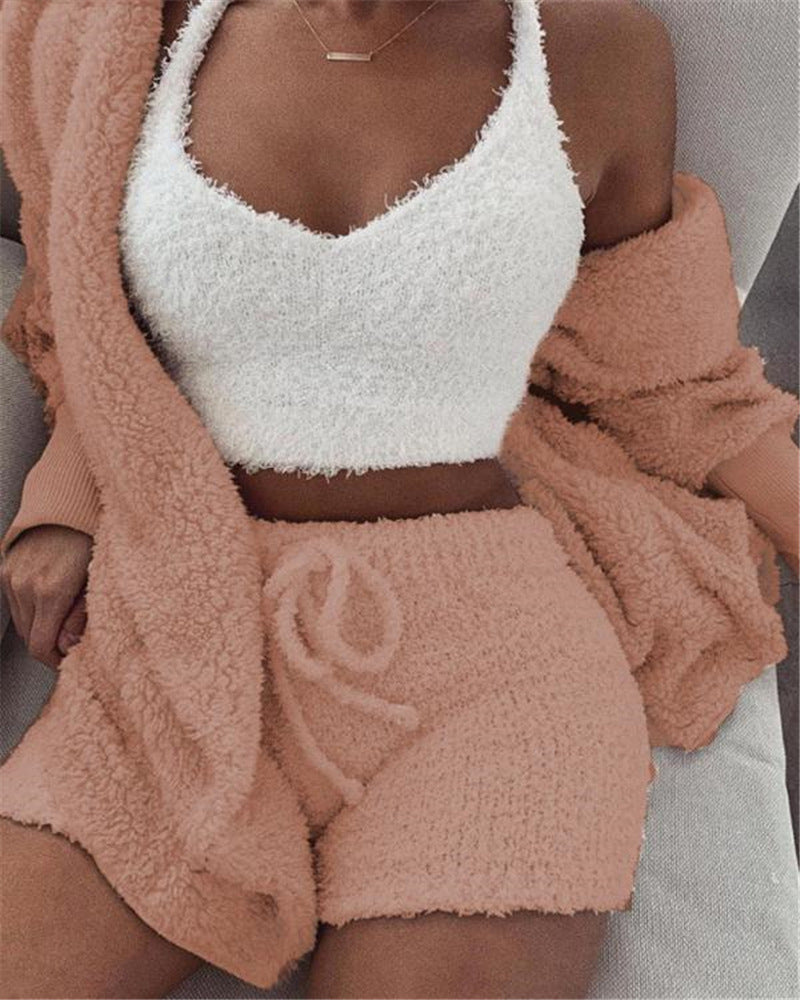 Fluffy Knit Shorts 3-Piece Pajama Set