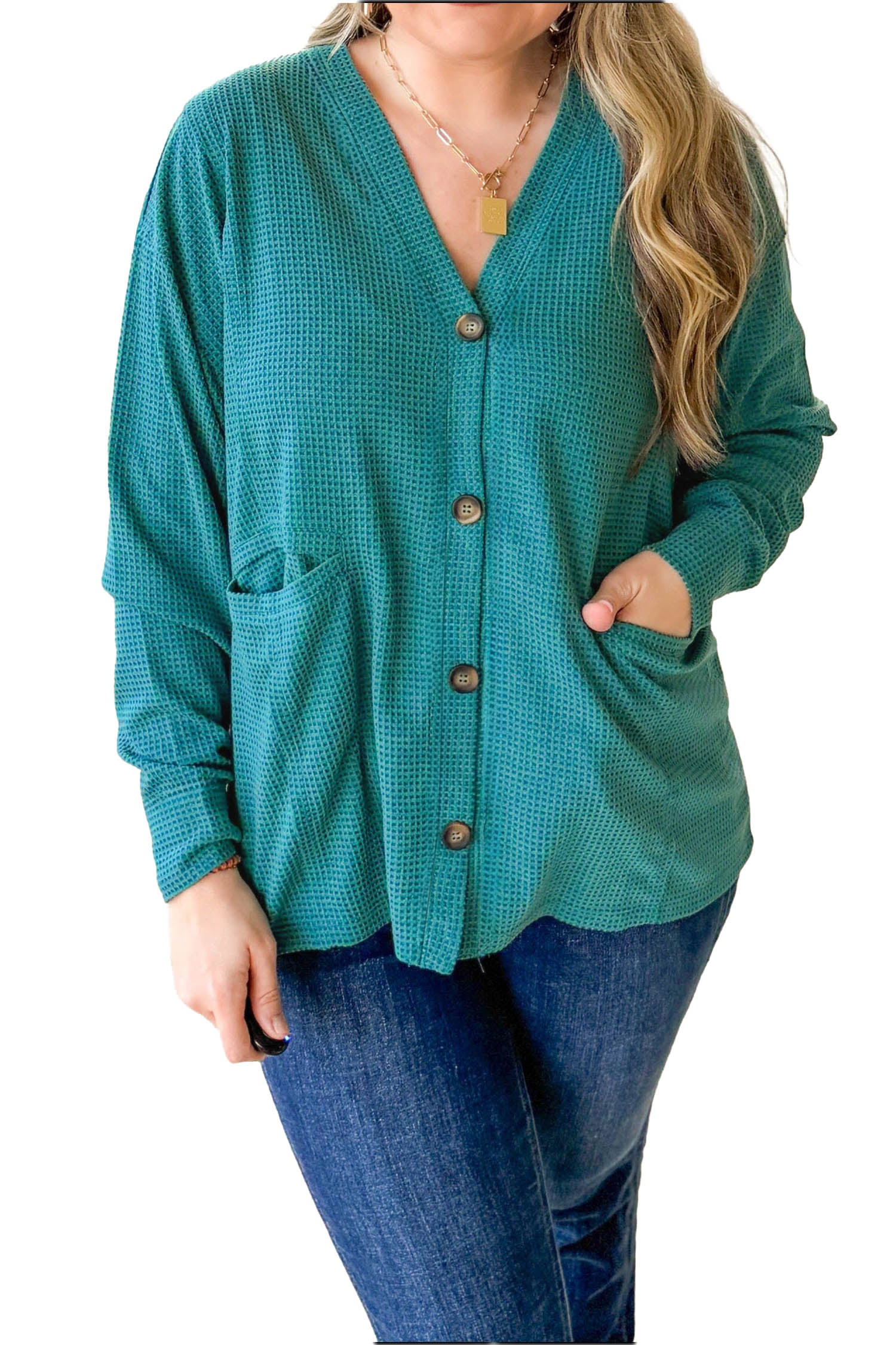 Waffle-Knit Button-Front Tunic Cardigan