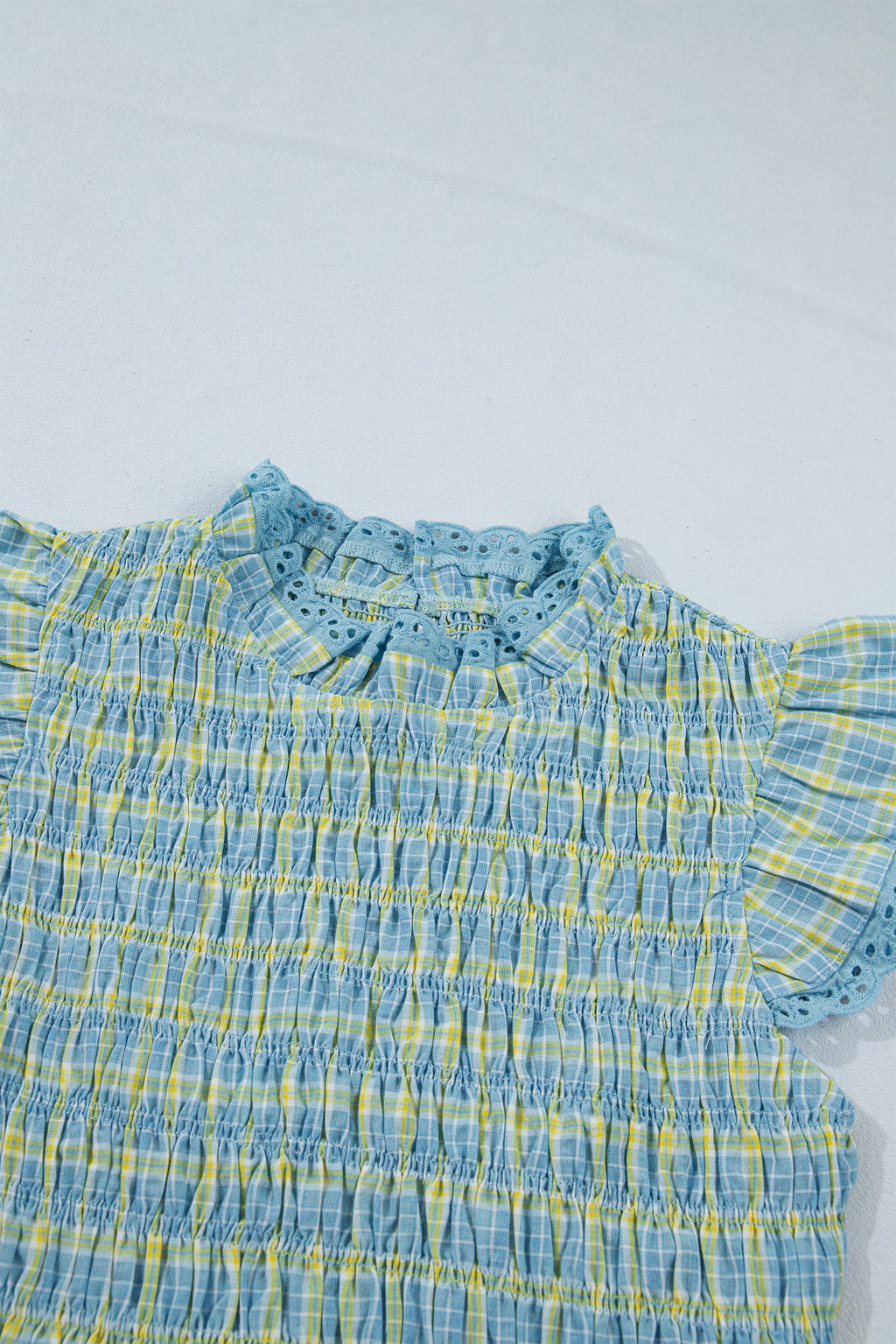 Gingham Smocked Lace-Trim Tank Top