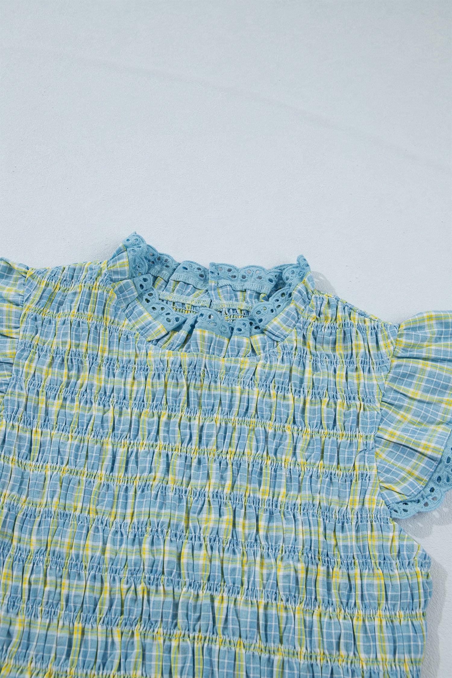 Gingham Smocked Lace-Trim Tank Top