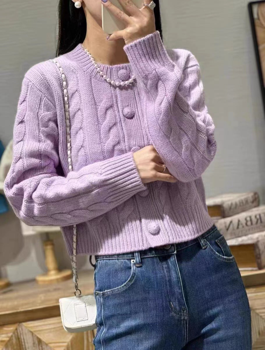 Round-Neck Wool Knit Cardigan
