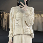 Crochet Hollow-Out Wool Crew-Neck Sweater