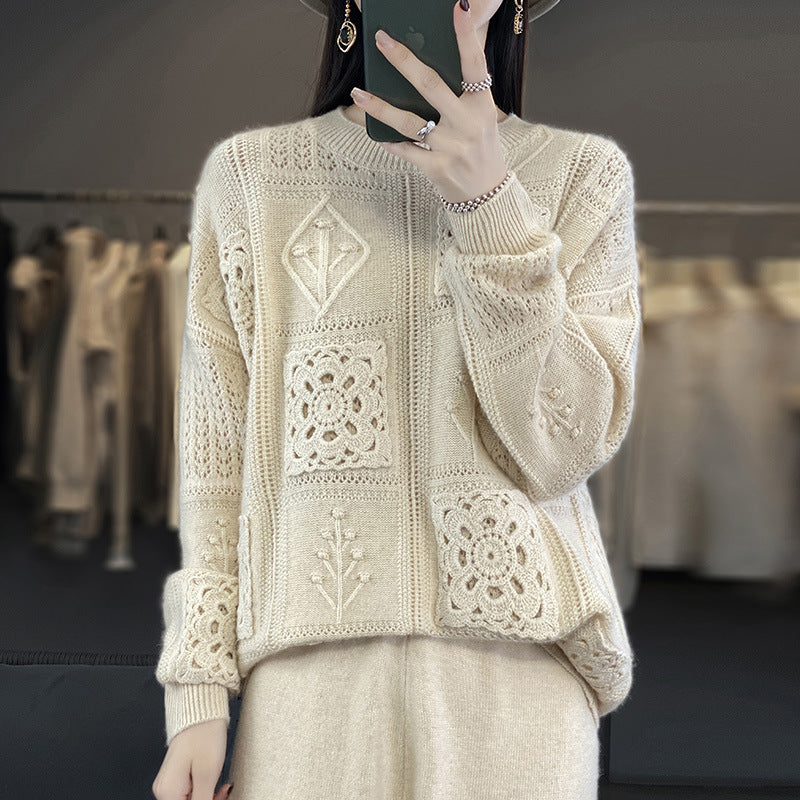 Crochet Hollow-Out Wool Crew-Neck Sweater