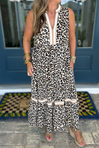 Leopard Print Colorblock Trim Sleeveless Midi Dress