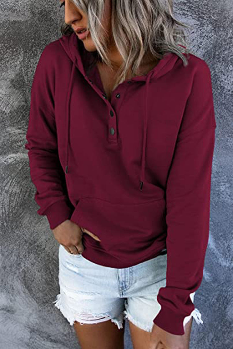 Button-Placket Drawstring Hooded Sweatshirt