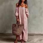 Woman wearing the Modarine striped off-shoulder puff-sleeve maxi dress