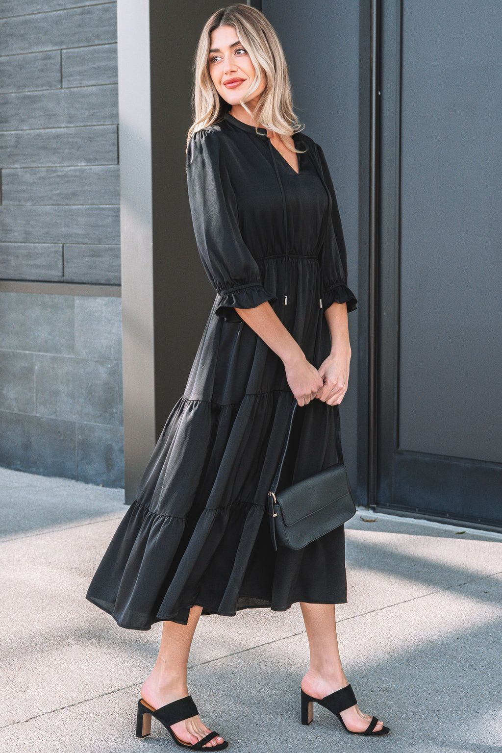 Black Ruffle Sleeve V Neck Tiered Maxi Dress