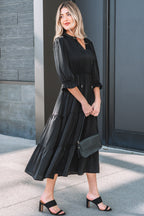 Black Ruffle Sleeve V Neck Tiered Maxi Dress