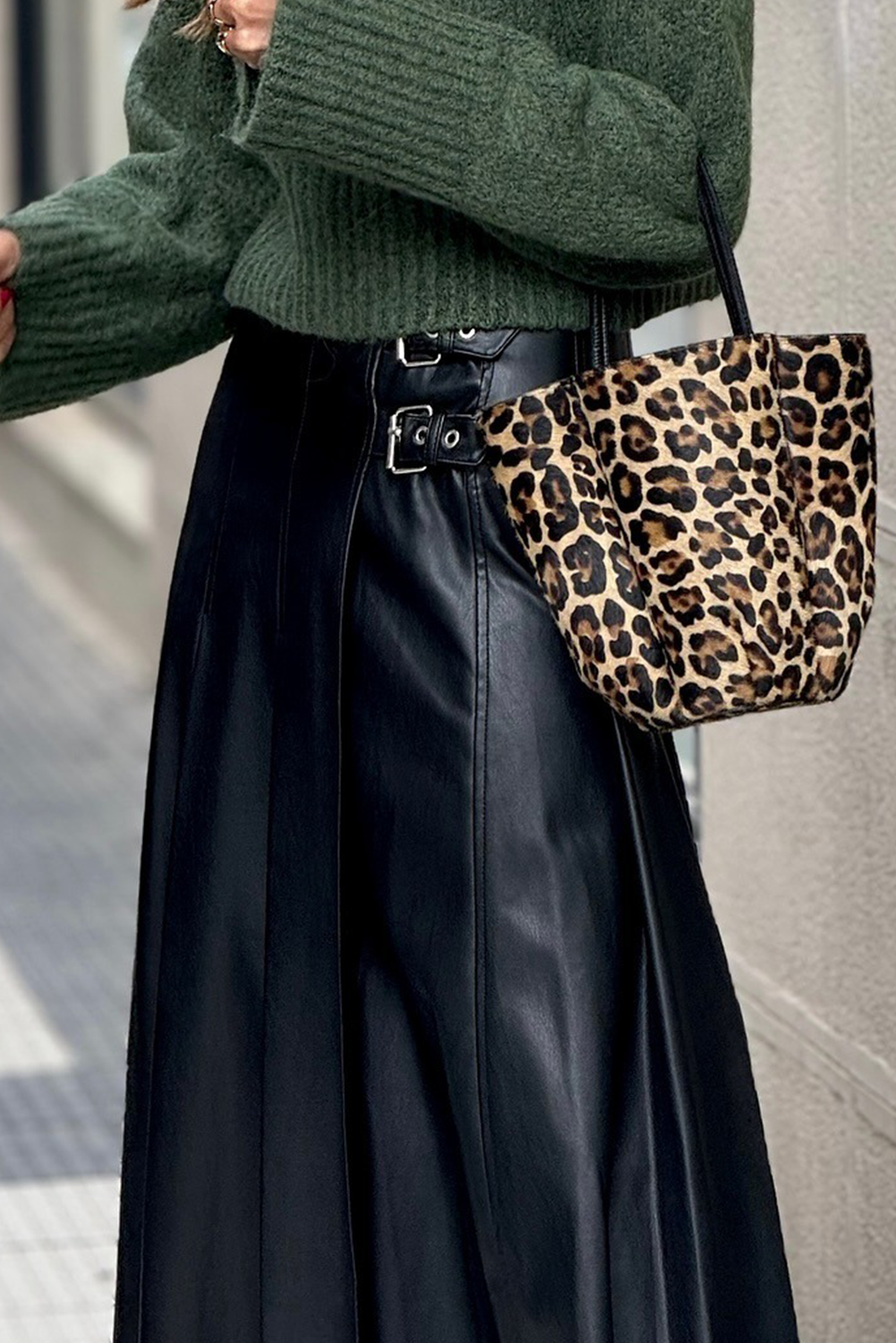 Faux Leather Buckle-Detail Pleated Midi Skirt