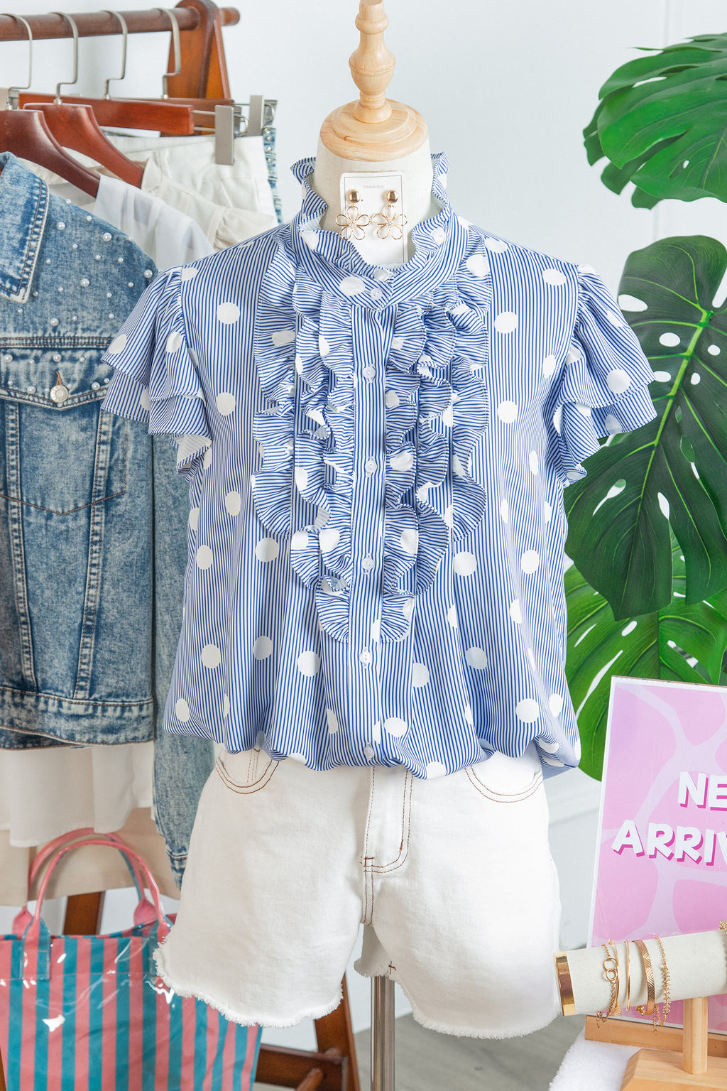 Striped Polka Dot Pleated Ruffle-Sleeve Shirt