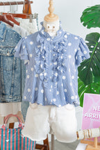 Striped Polka Dot Pleated Ruffle-Sleeve Shirt