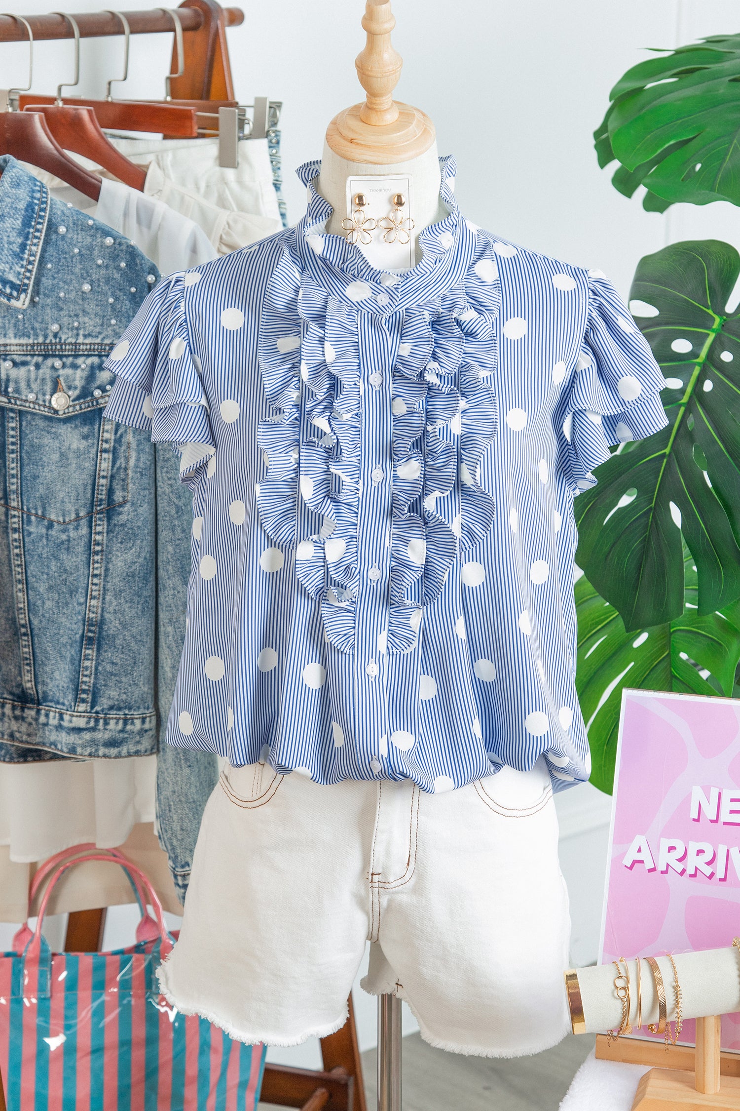 Striped Polka Dot Pleated Ruffle-Sleeve Shirt